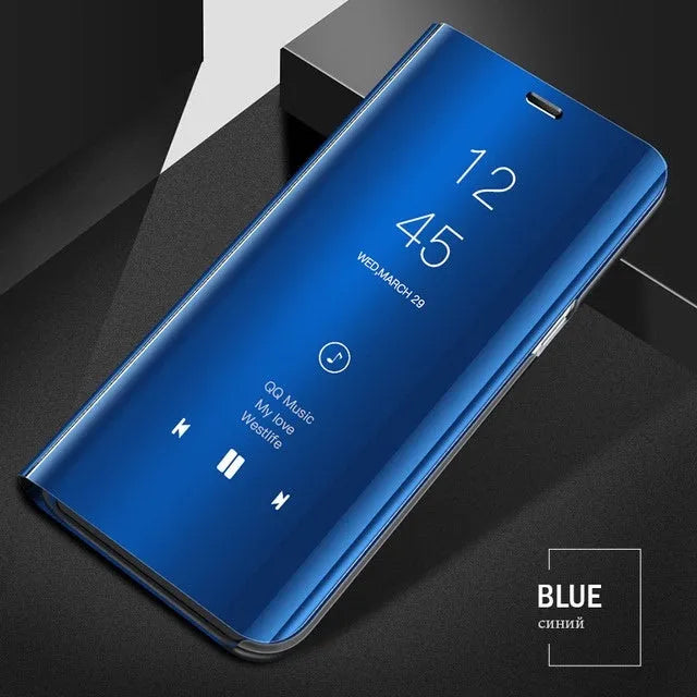 Silver mirror flip case open, showing kickstand and compatible Samsung Galaxy A50 phone.
