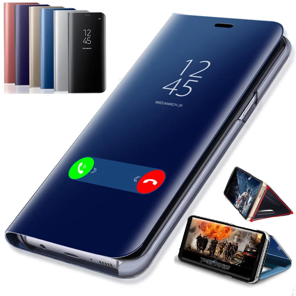 Silver mirror flip case open, showing kickstand and compatible Samsung Galaxy A50 phone.