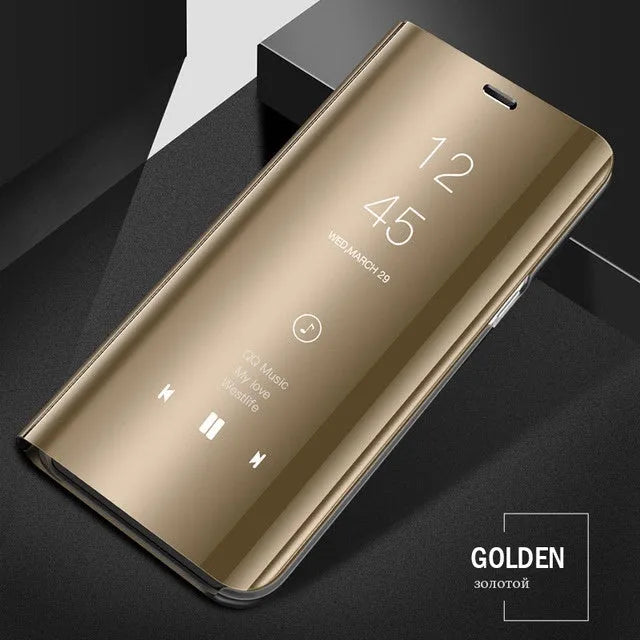 Silver mirror flip case open, showing kickstand and compatible Samsung Galaxy A50 phone.