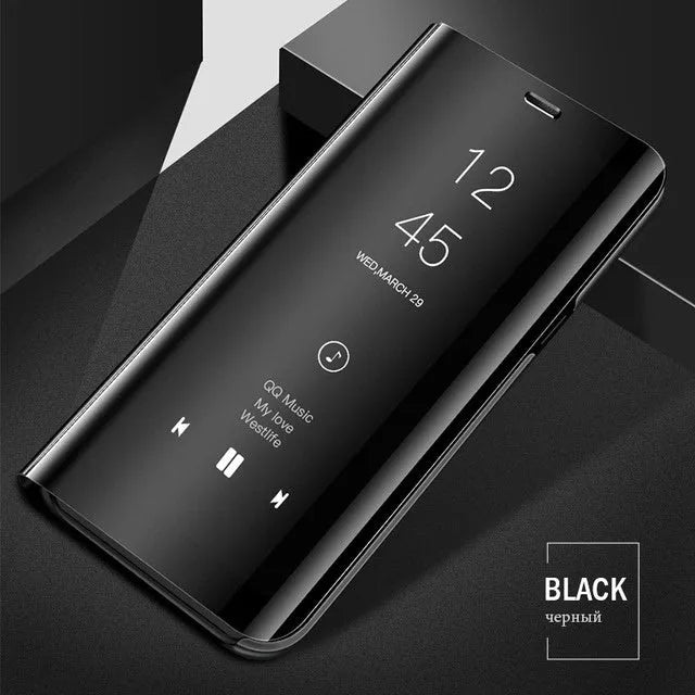 Silver mirror flip case open, showing kickstand and compatible Samsung Galaxy A50 phone.