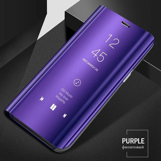 Silver mirror flip case open, showing kickstand and compatible Samsung Galaxy A50 phone.