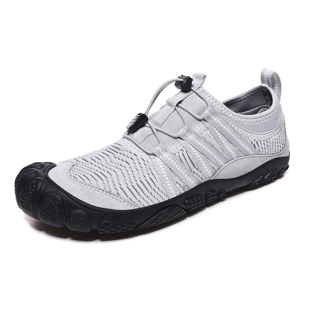 Outdoor river tracing shoes with mesh upper, elastic band, and rubber sole in black, grey, dark blue, purple colours