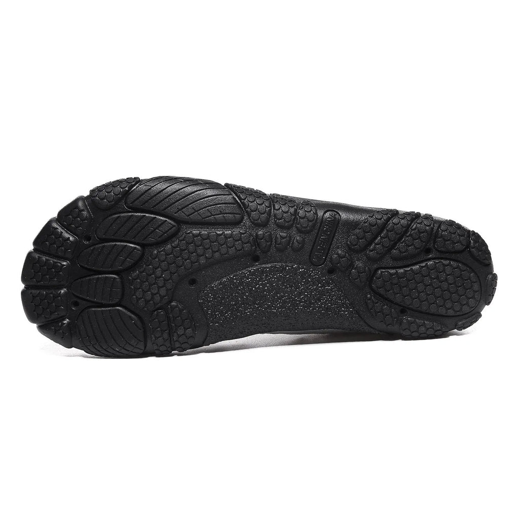Outdoor river tracing shoes with mesh upper, elastic band, and rubber sole in black, grey, dark blue, purple colours