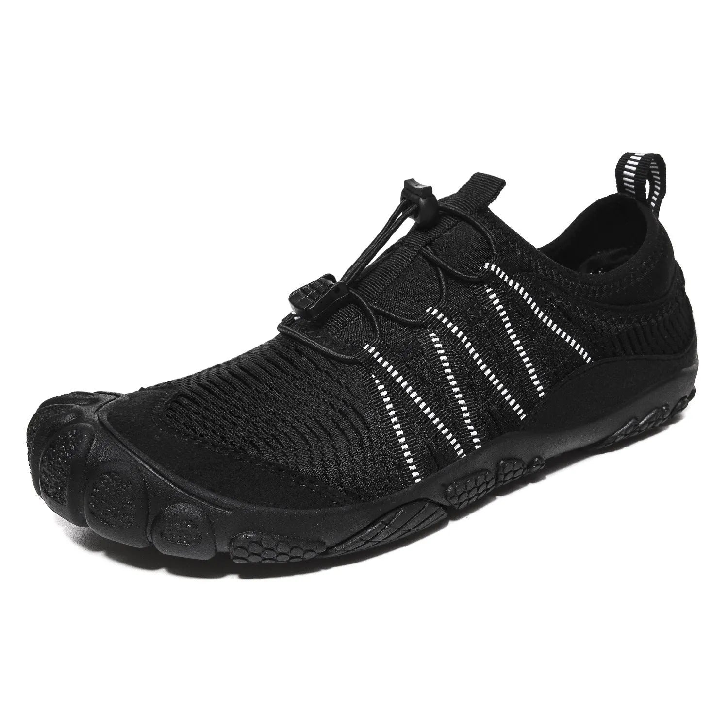 Outdoor river tracing shoes with mesh upper, elastic band, and rubber sole in black, grey, dark blue, purple colours