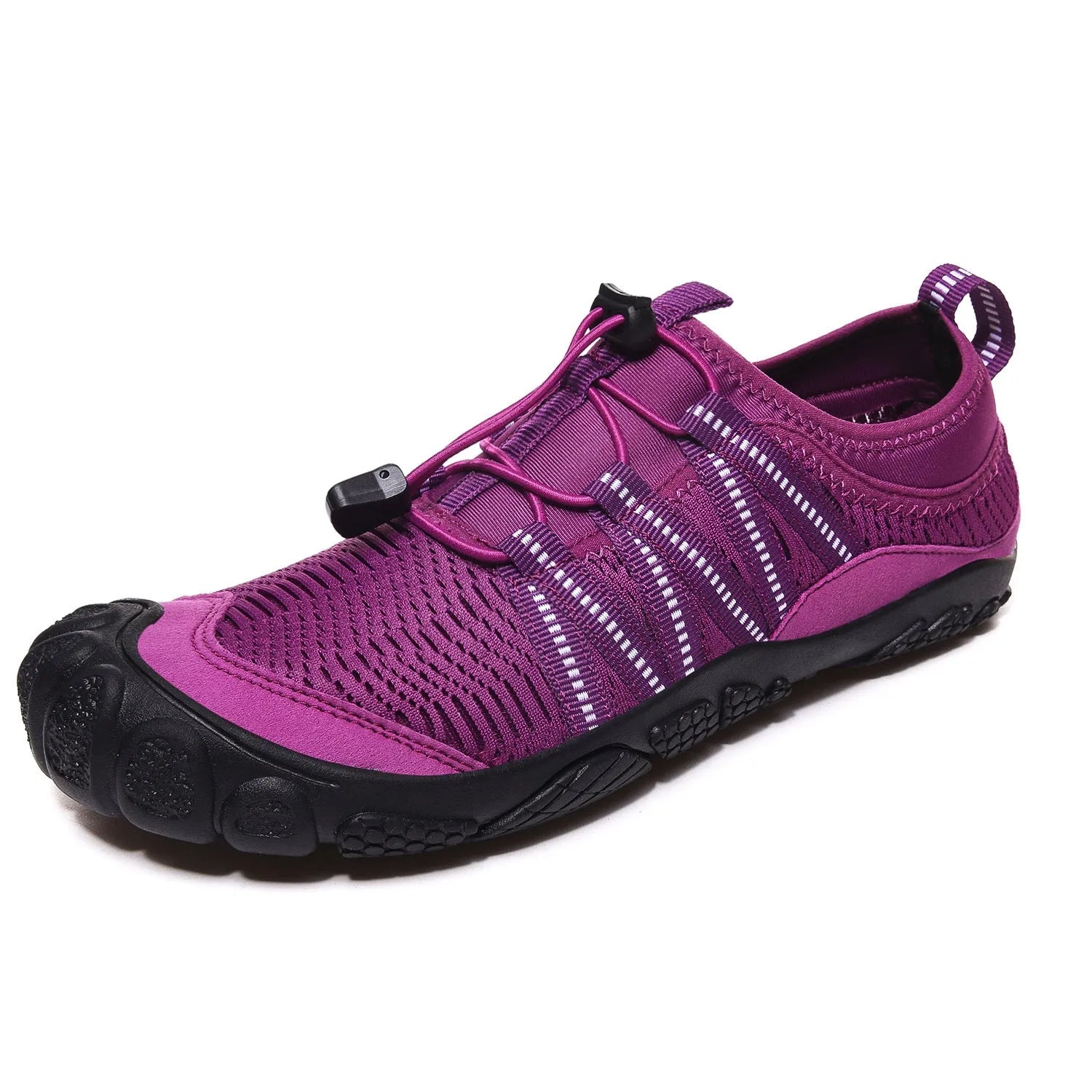 Outdoor river tracing shoes with mesh upper, elastic band, and rubber sole in black, grey, dark blue, purple colours