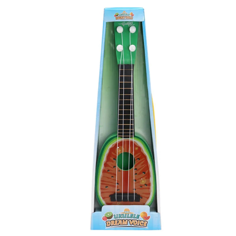 Yellow plastic simulation ukulele toy for children on a colour box background.
