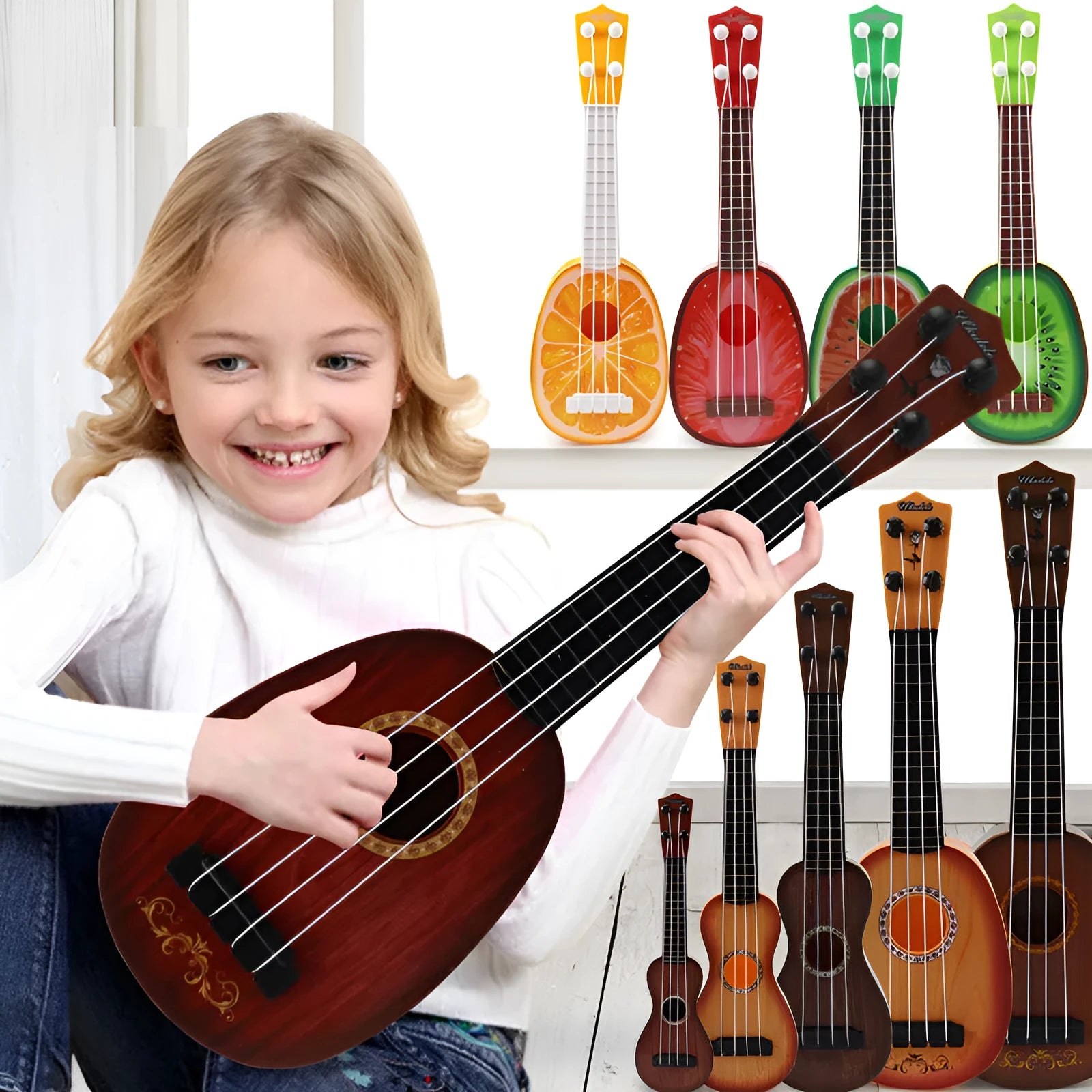 Yellow plastic simulation ukulele toy for children on a colour box background.