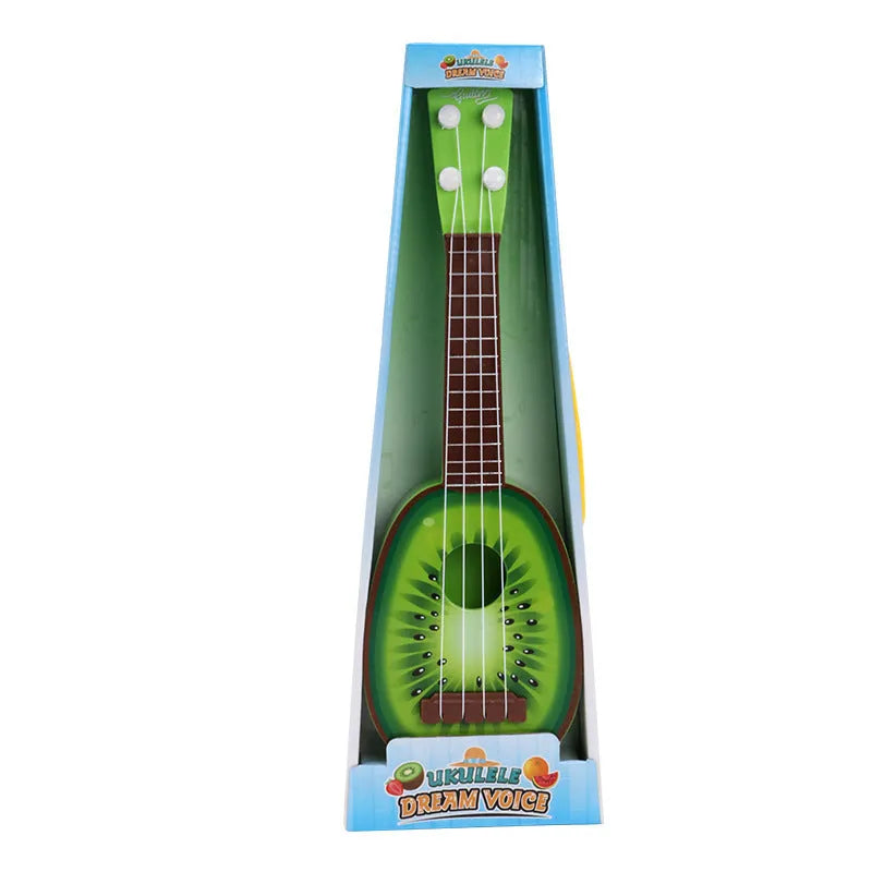 Yellow plastic simulation ukulele toy for children on a colour box background.