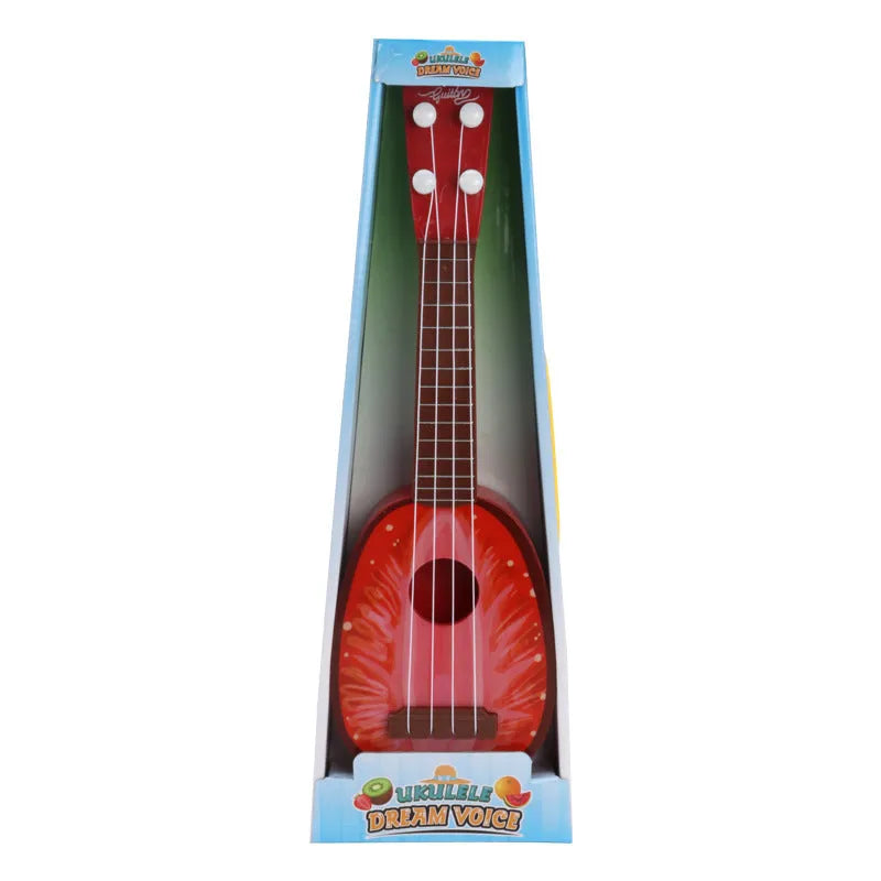 Yellow plastic simulation ukulele toy for children on a colour box background.