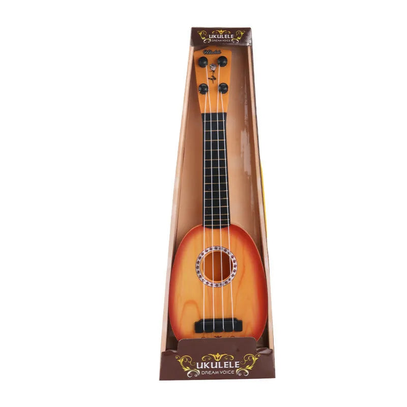 Yellow plastic simulation ukulele toy for children on a colour box background.
