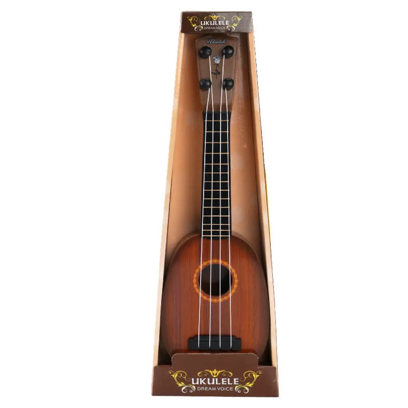 Yellow plastic simulation ukulele toy for children on a colour box background.