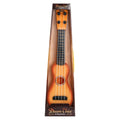 Yellow plastic simulation ukulele toy for children on a colour box background.