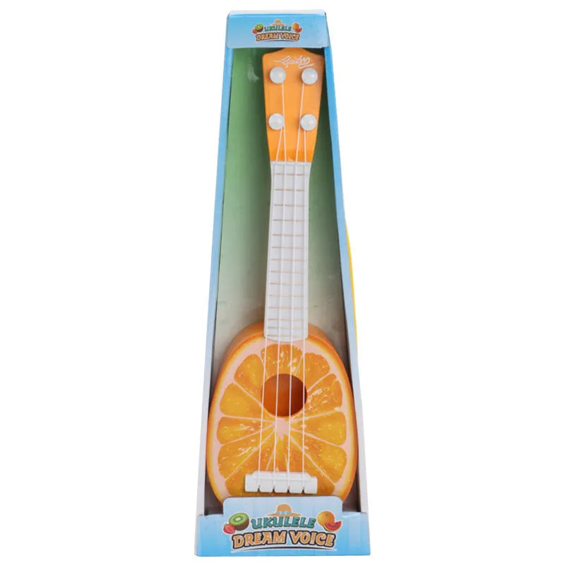 Yellow plastic simulation ukulele toy for children on a colour box background.