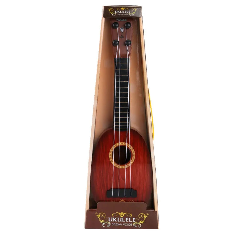 Yellow plastic simulation ukulele toy for children on a colour box background.