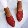 Women's flat buckle sandals with pointed toe in multiple colour options on a white background