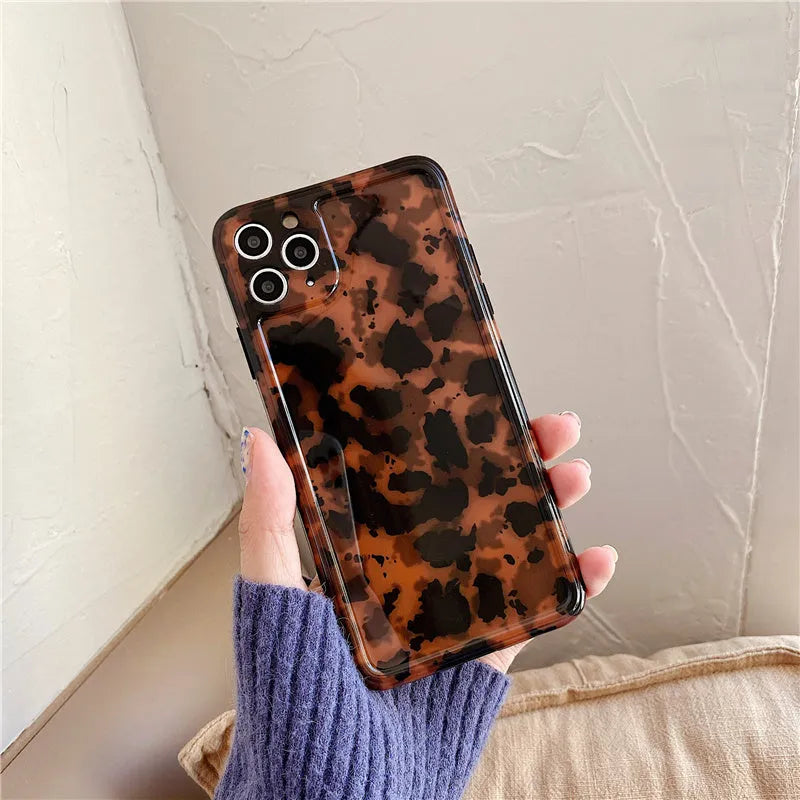 Retro amber leopard print soft rubber phone case for iPhone with lanyard hole and all-wrapped edges