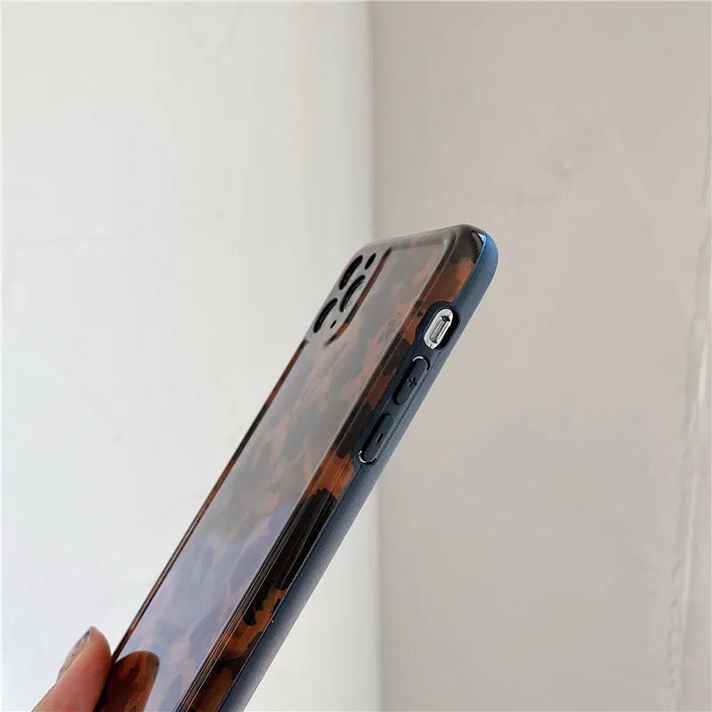 Retro amber leopard print soft rubber phone case for iPhone with lanyard hole and all-wrapped edges