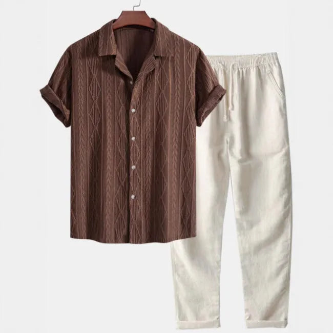 Slim fit camouflage print short-sleeve shirt and trousers casual suit set