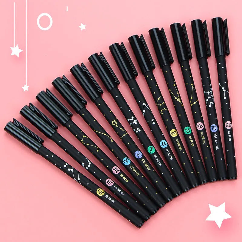 12 constellation-themed gel pens with 0.5mm black refills in five different style variations