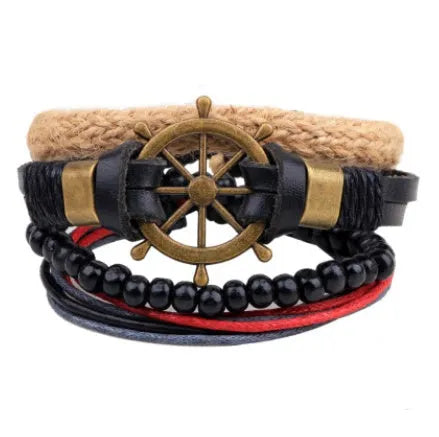 Handmade leather wrap bracelet with wooden beads and adjustable closure for men and women