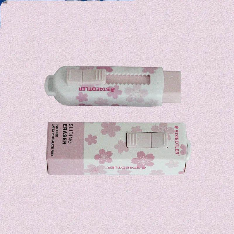 Square pink push-pull student eraser with replaceable core for whiteboards.
