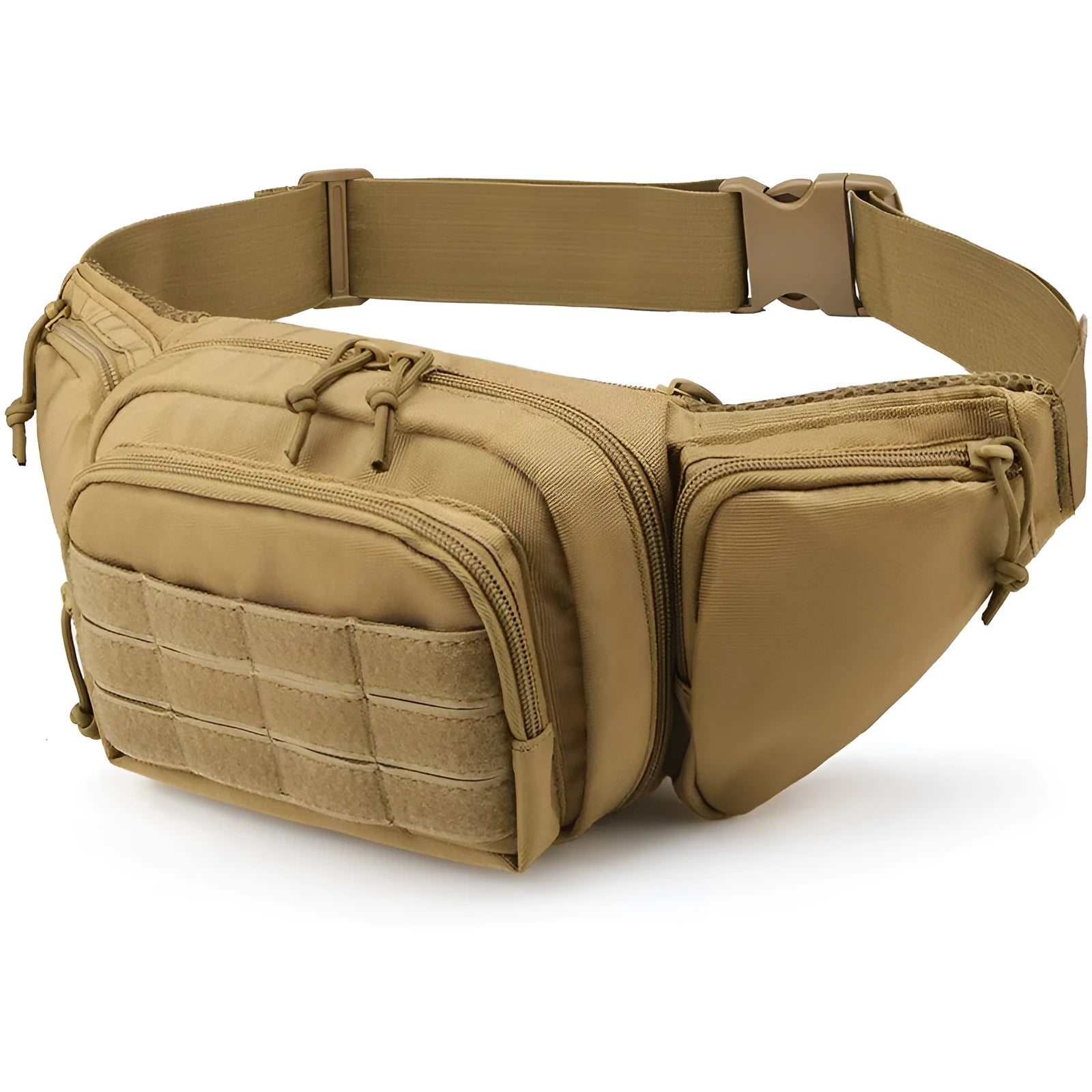 Men's tactical multifunctional waist bag in black or khaki, shown worn on the waist.