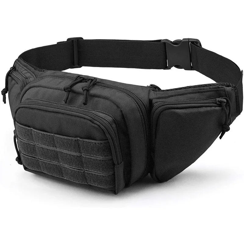 Men's tactical multifunctional waist bag in black or khaki, shown worn on the waist.