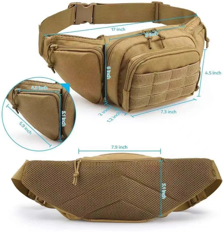 Men's tactical multifunctional waist bag in black or khaki, shown worn on the waist.