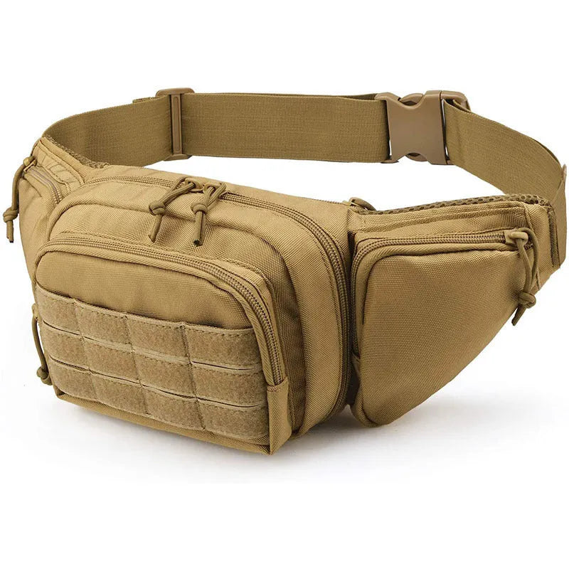 Men's tactical multifunctional waist bag in black or khaki, shown worn on the waist.