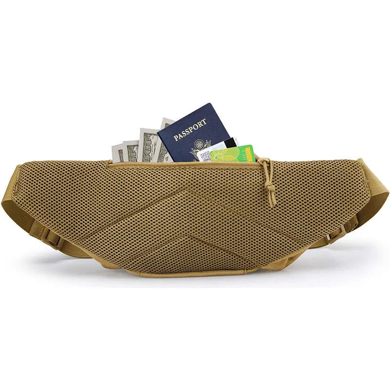 Men's tactical multifunctional waist bag in black or khaki, shown worn on the waist.