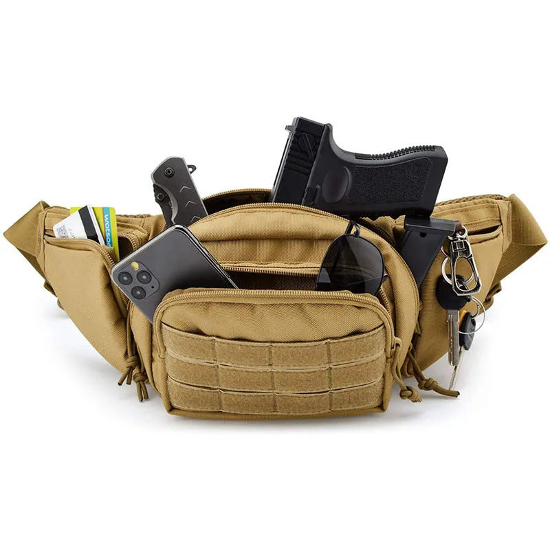 Men's tactical multifunctional waist bag in black or khaki, shown worn on the waist.