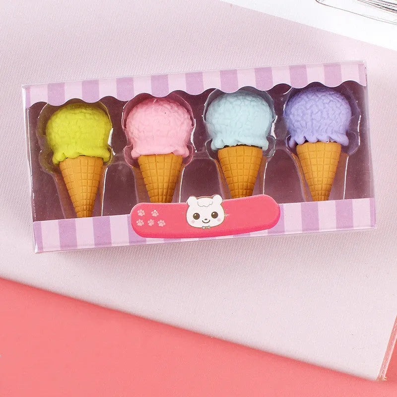 Set of 12 cartoon food erasers including cones, ice creams, lollipops and donuts for kindergarten children