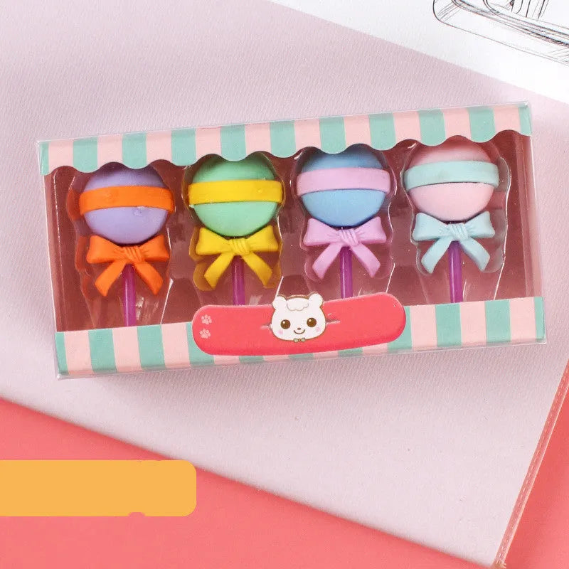 Set of 12 cartoon food erasers including cones, ice creams, lollipops and donuts for kindergarten children