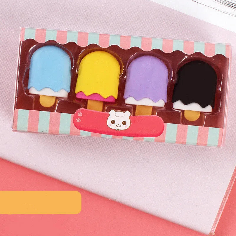 Set of 12 cartoon food erasers including cones, ice creams, lollipops and donuts for kindergarten children