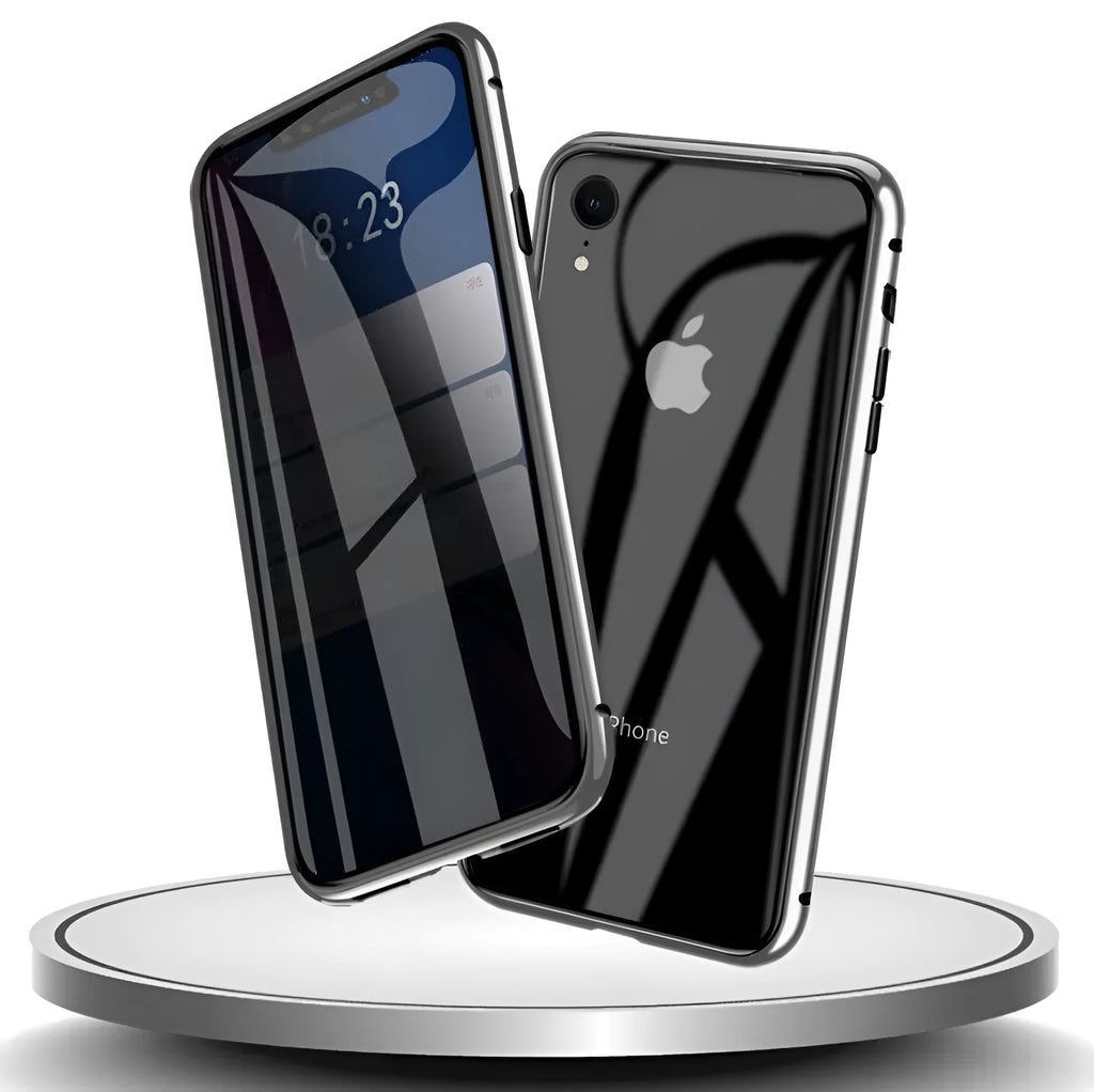 Anti-spy glass clamshell phone case in geometric design for iPhone, shown in multiple colour options