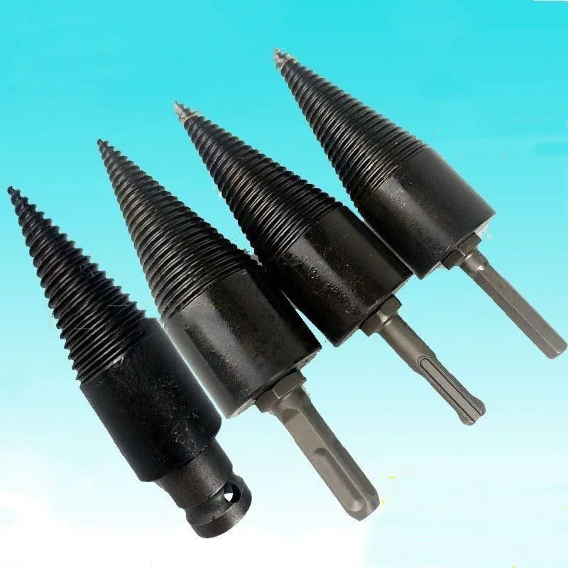 Hexagonal firewood-breaking drill bit for electric drills in 32mm and 42mm sizes for splitting logs.