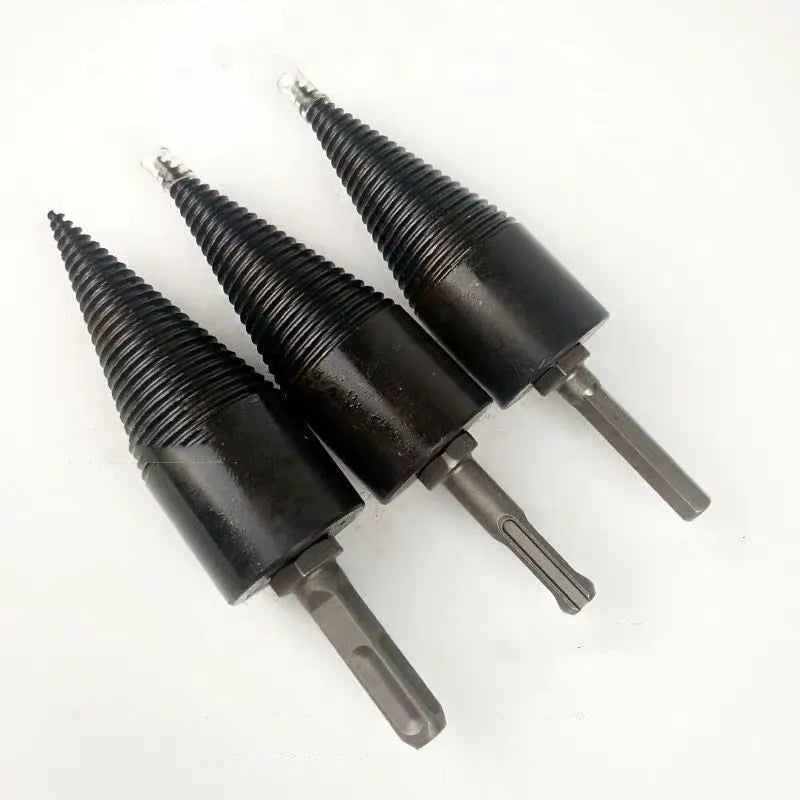 Hexagonal firewood-breaking drill bit for electric drills in 32mm and 42mm sizes for splitting logs.