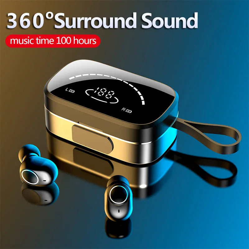 Pair of black true wireless Bluetooth 5.0 earbuds with IPX5 sweat proof and charging case