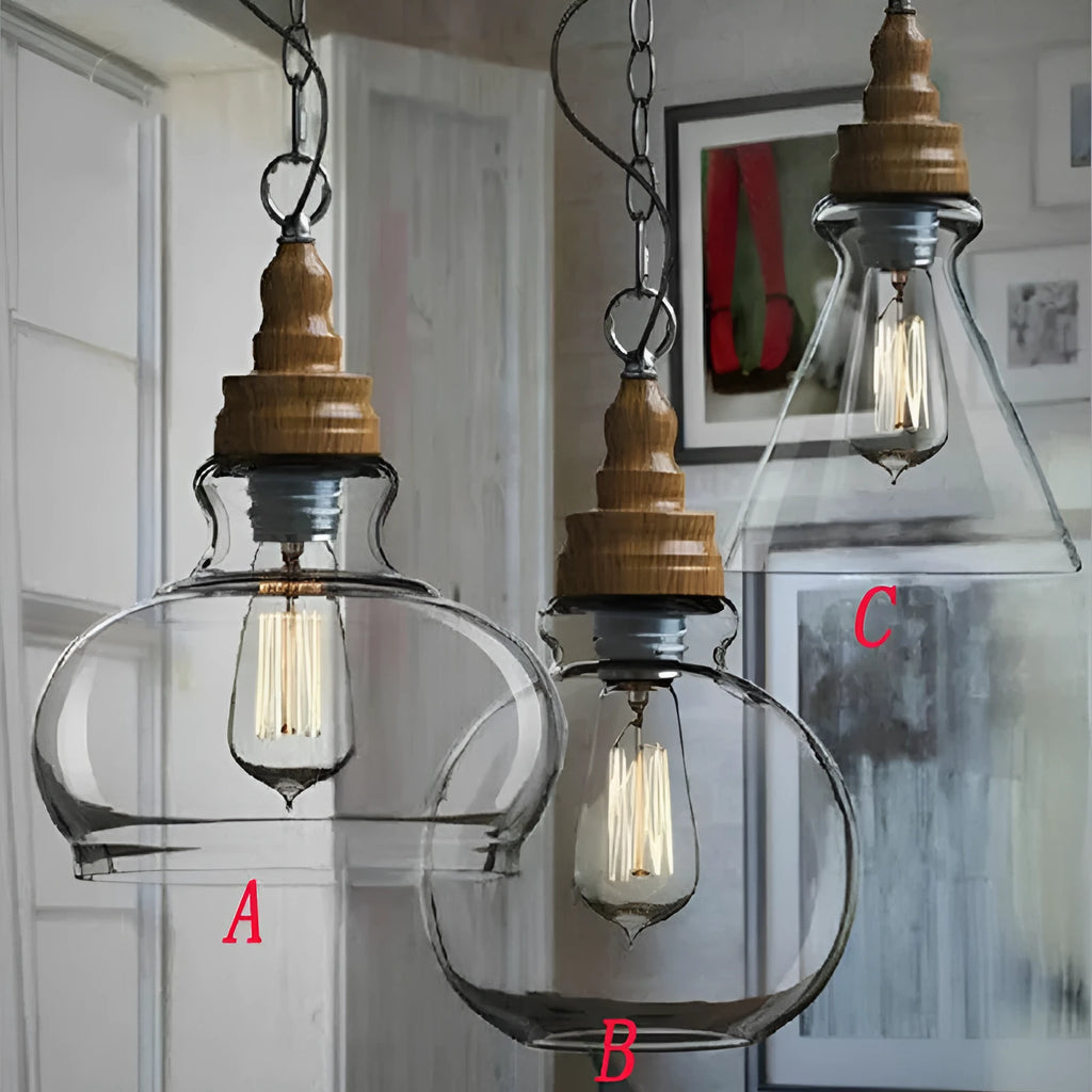 Nordic style wood grain glass single head pendant light with adjustable height