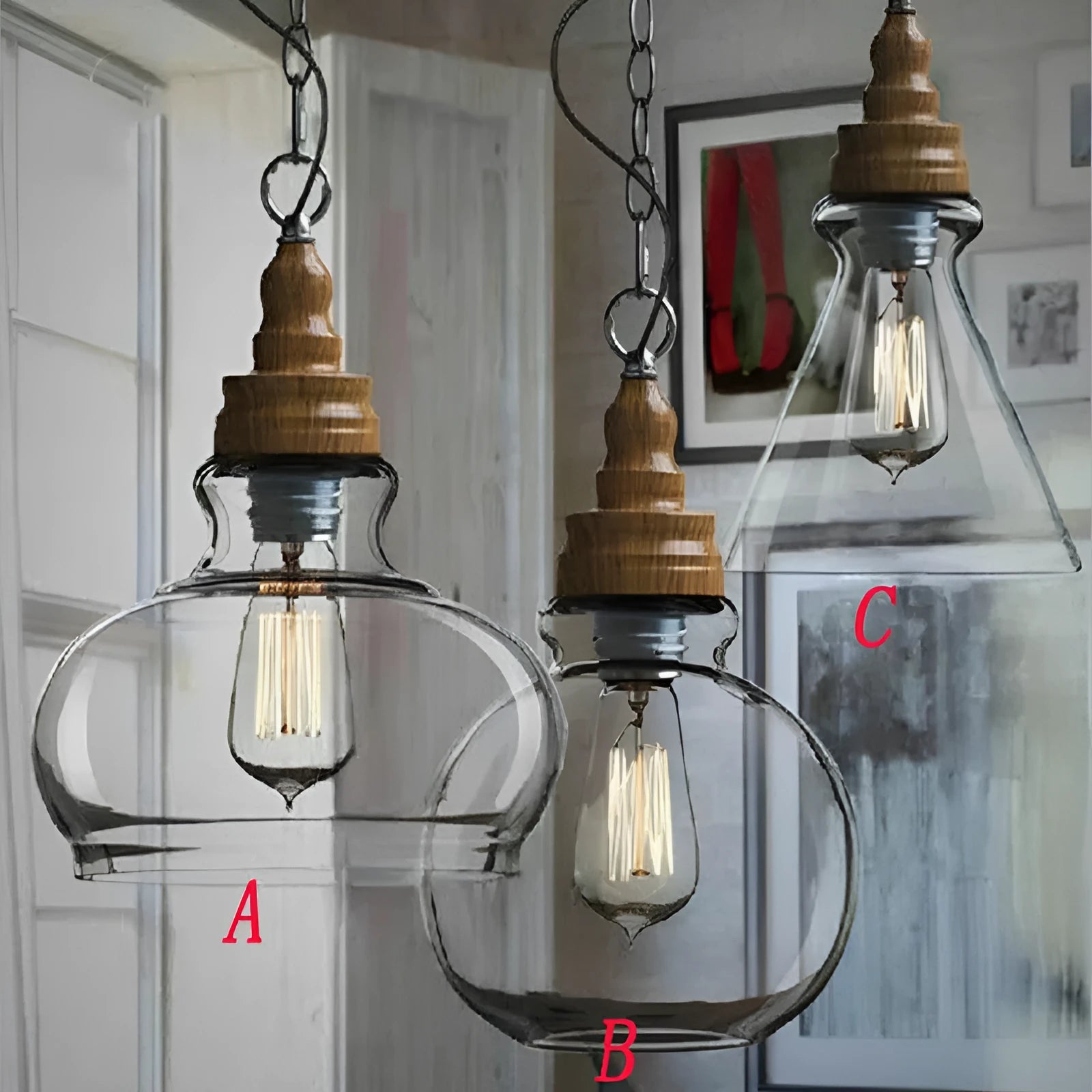 Nordic style wood grain glass single head pendant light with adjustable height