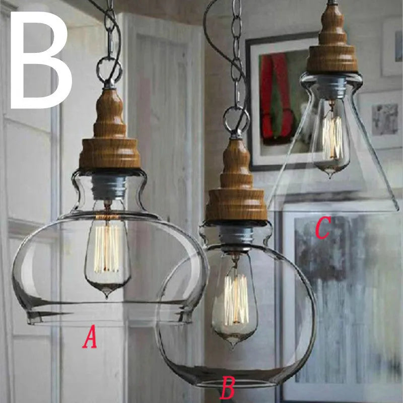 Nordic style wood grain glass single head pendant light with adjustable height