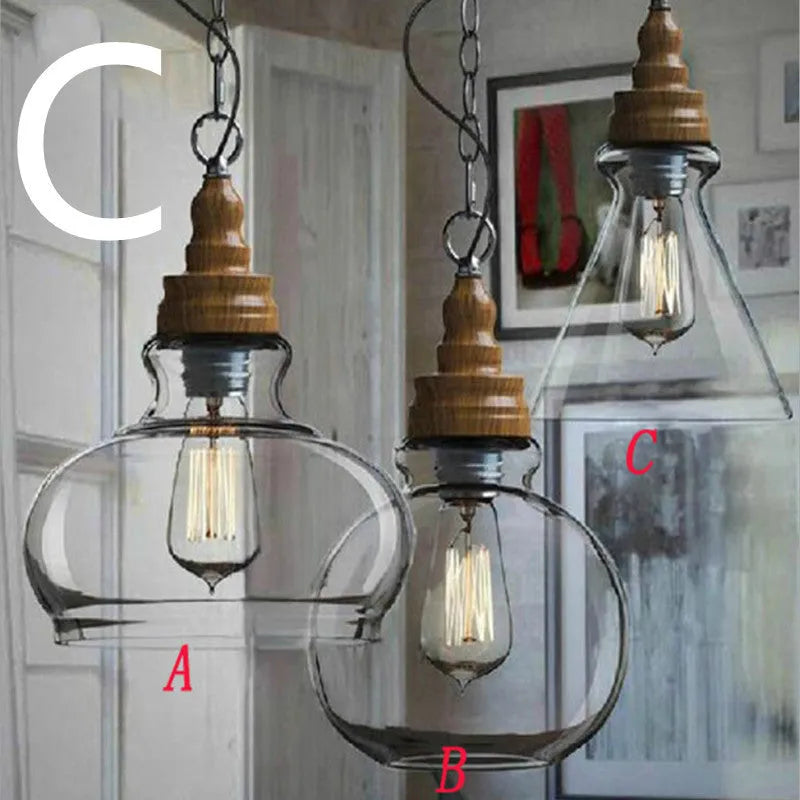 Nordic style wood grain glass single head pendant light with adjustable height