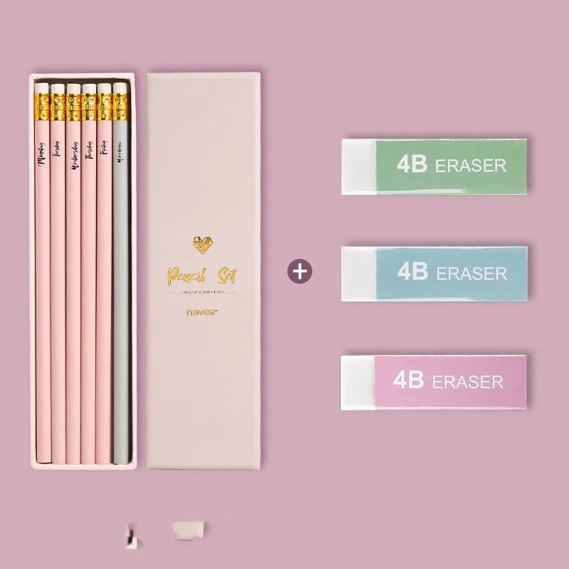Mixed colour HB pencil writing set with purple glitter and pale pink options in display box