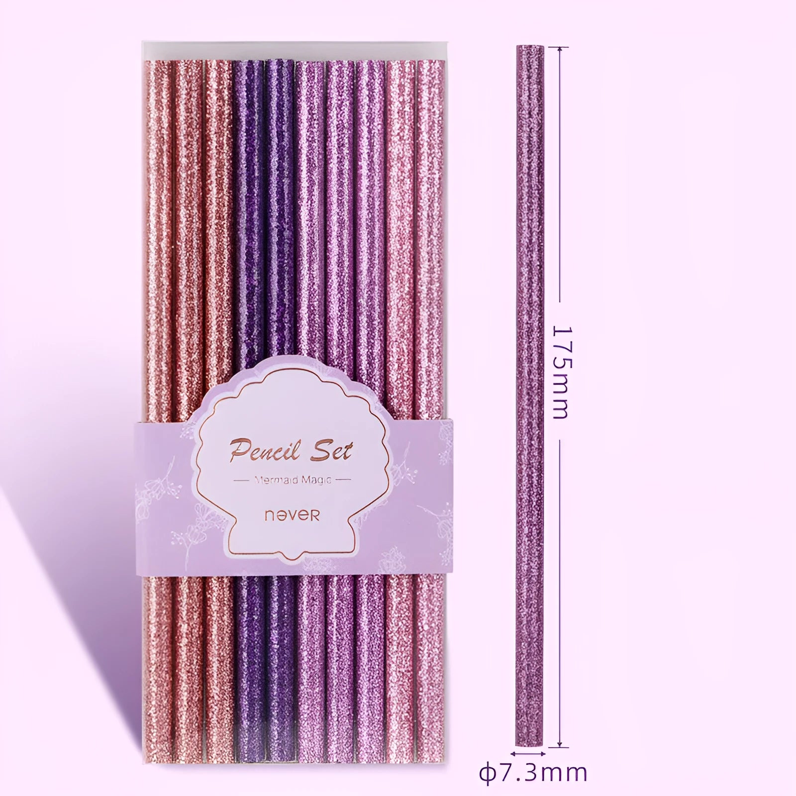 Mixed colour HB pencil writing set with purple glitter and pale pink options in display box