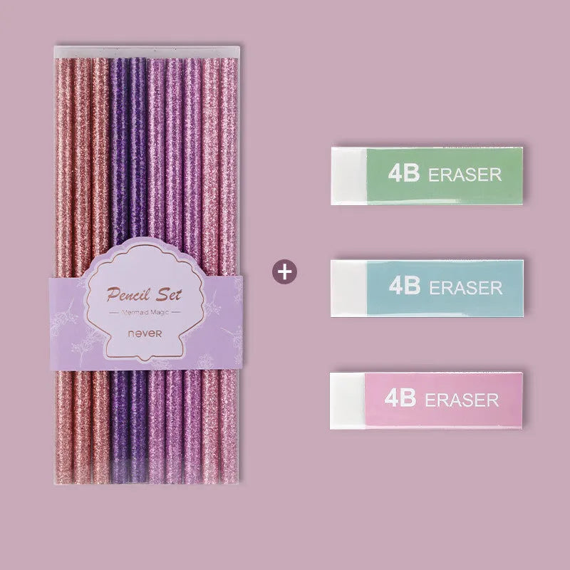 Mixed colour HB pencil writing set with purple glitter and pale pink options in display box