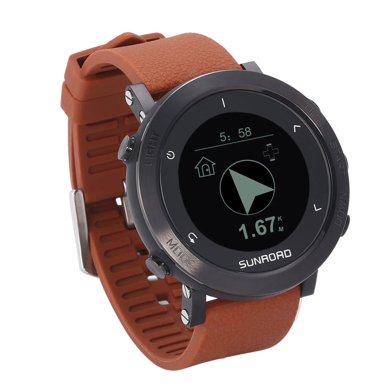 Smart sports watch with stainless steel bezel showing GPS tracking and heart rate monitoring display