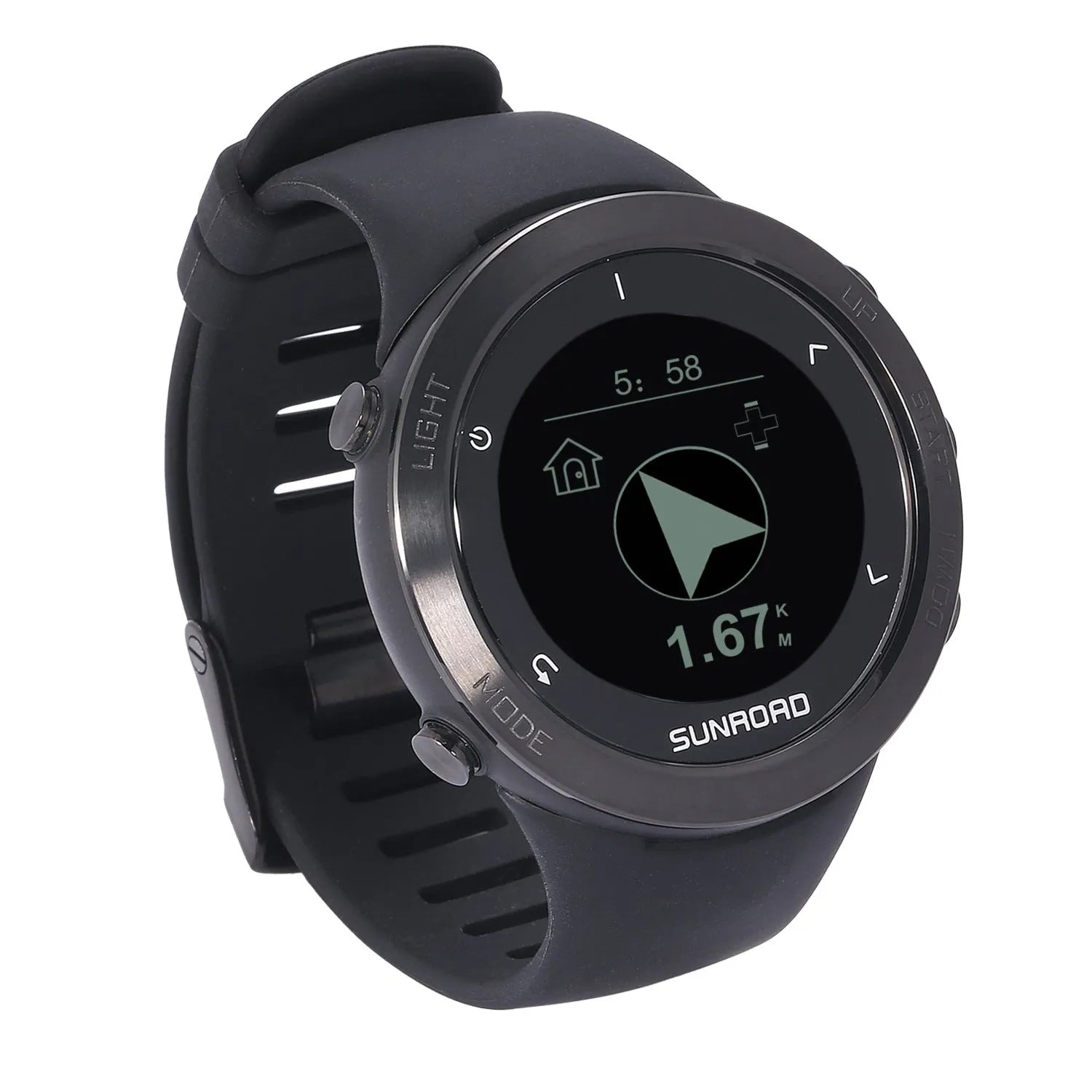 Smart sports watch with stainless steel bezel showing GPS tracking and heart rate monitoring display