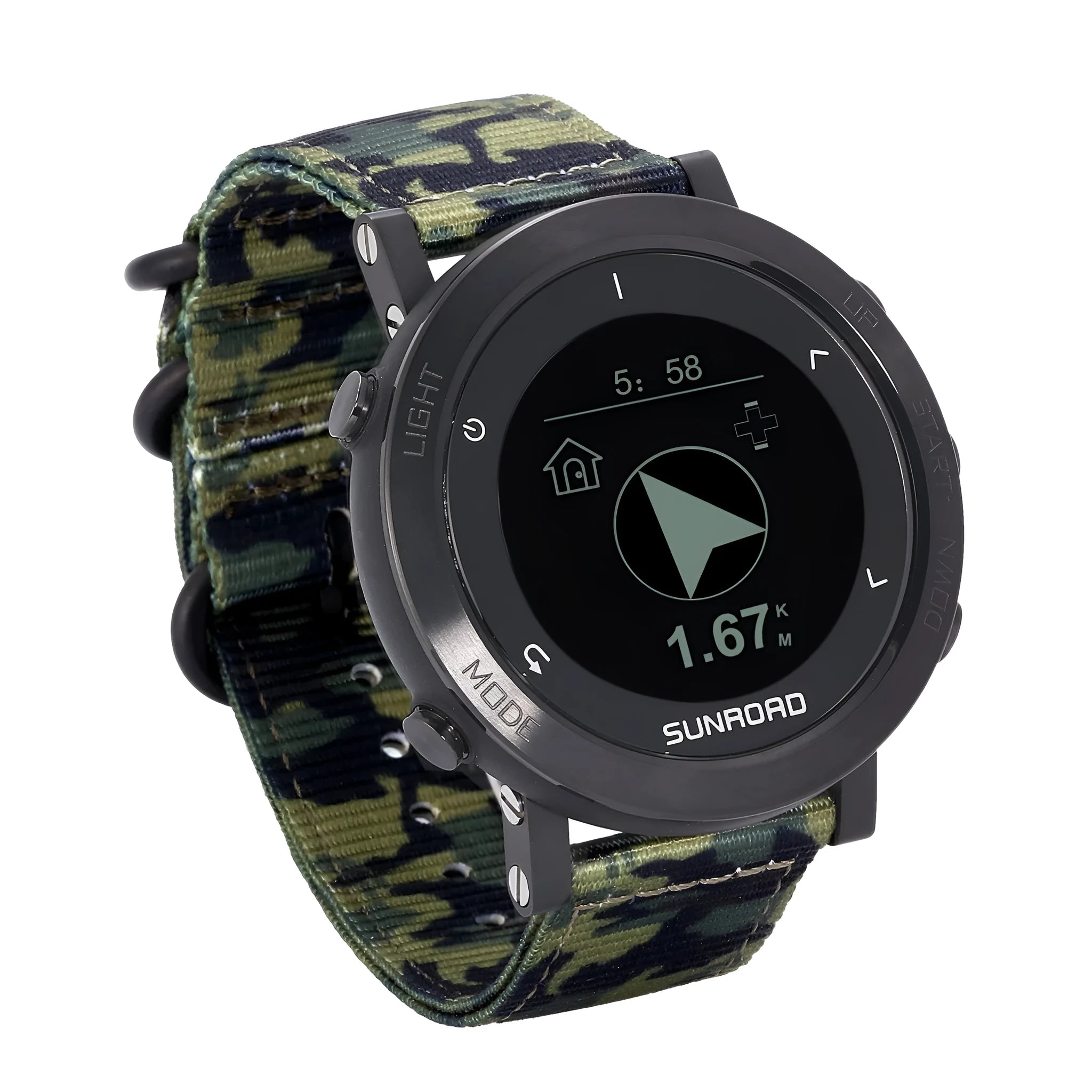 Smart sports watch with stainless steel bezel showing GPS tracking and heart rate monitoring display
