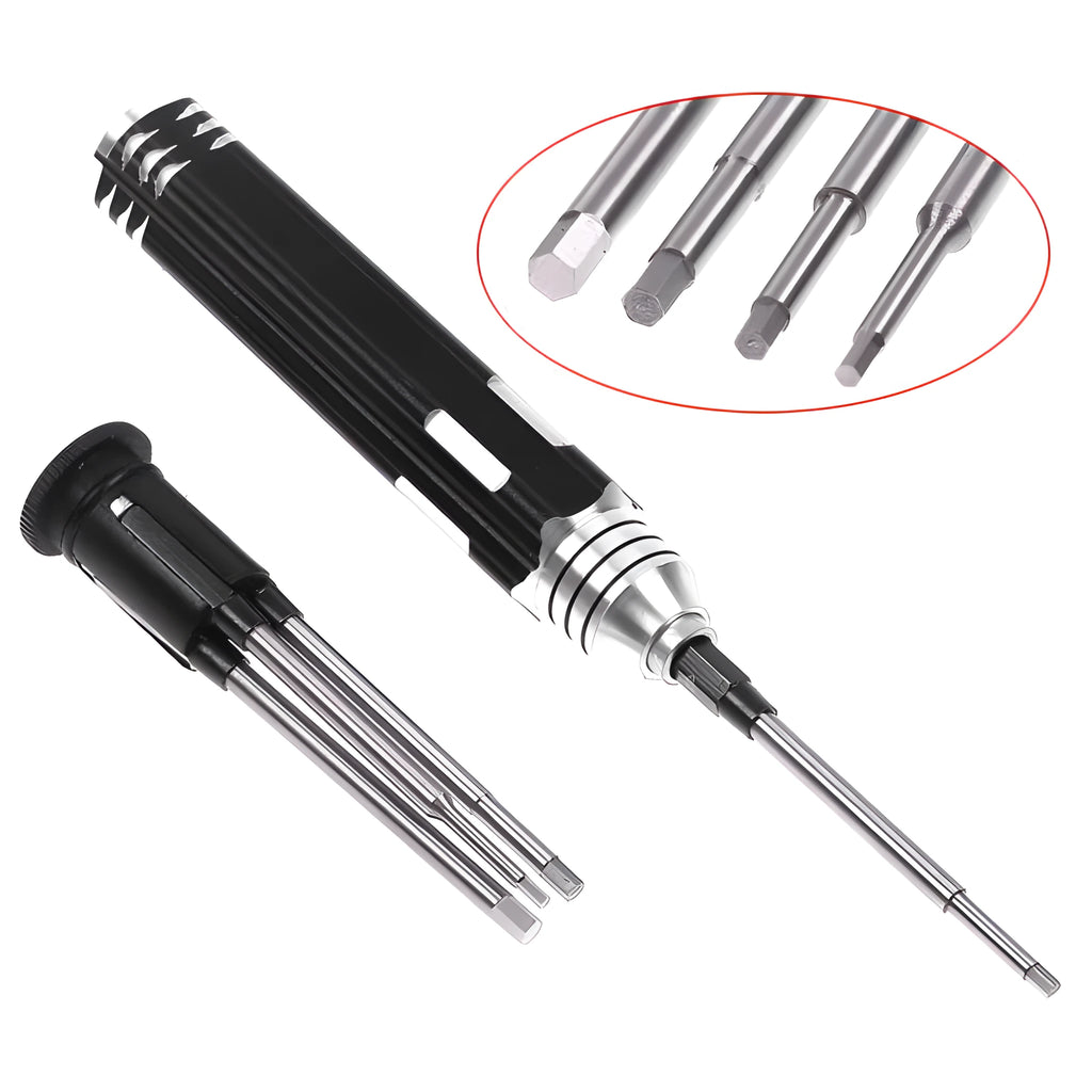 Black four-in-one hexagon socket screwdriver set for aeromodelling with four different sized bits.
