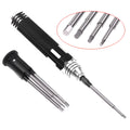 Black four-in-one hexagon socket screwdriver set for aeromodelling with four different sized bits.